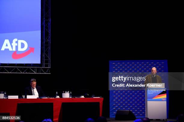 Alexander Gauland of the right-wing Alternative for Germany speaks during his election speech as co-chairman during the AfD federal congress at the...