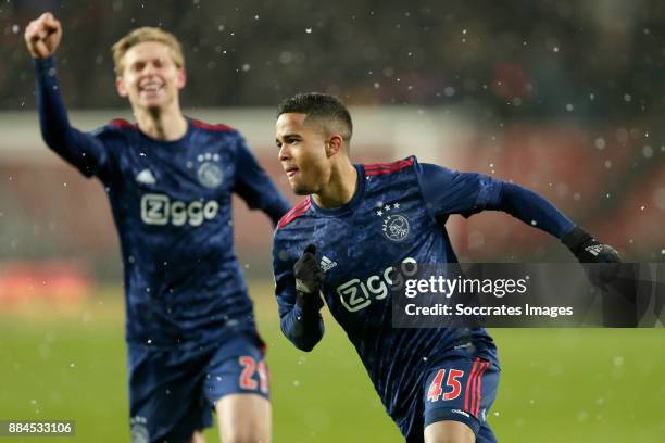 Justin Kluivert of Ajax celebrates 2-3 during the Dutch Eredivisie match between Fc Twente v Ajax at the De Grolsch Veste on December 2, 2017 in...