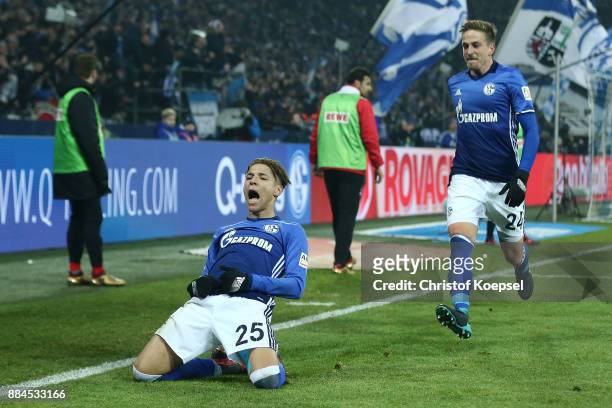 Amine Harit of Schalke celebrates after he scored a goal to make it 2:1 during the Bundesliga match between FC Schalke 04 and 1. FC Koeln at...