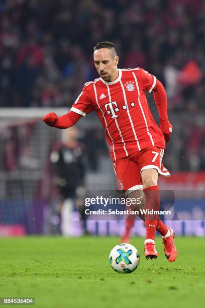 Franck Ribery of Bayern Muenchen plays the ball during the Bundesliga match between FC Bayern Muenchen and Hannover 96 at Allianz Arena on December...