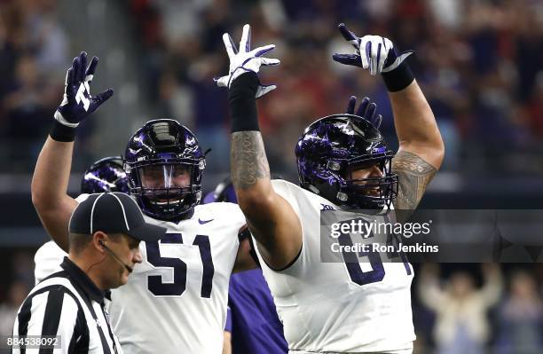 Matt Pryor and Austin Schlottmann of the TCU Horned Frogs celebrate a touchdown against the Oklahoma Sooners in the first half of the Big 12...