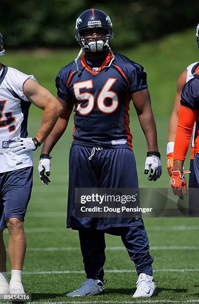 First round draft pick linebacker Robert Ayers of the Denver Broncos participates in minicamp practice at the Broncos Dove Valley training facility...