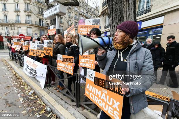 Members of the association One Voice, a French animal rights organisation, demonstrate near the Bormann-Moreno circus in Paris, on December 2 to ask...