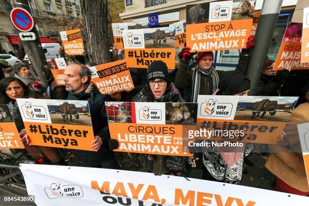 Members of the association One Voice, a French animal rights organisation, demonstrate near the Bormann-Moreno circus in Paris, on December 2 to ask...