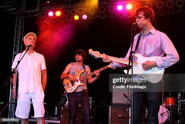 Musician David Byrne performs with musicians Brian Mcomber, Dave Longstreth The Dirty Projectors on stage during Bonnaroo 2009 on June 12, 2009 in...