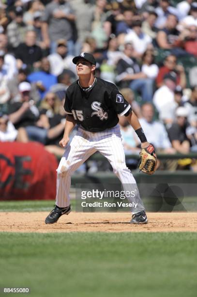 Gordon Beckham of the Chicago White Sox moves toward the ball during the game against the Oakland Athletics on June 4, 2009 at U.S. Cellular Field in...