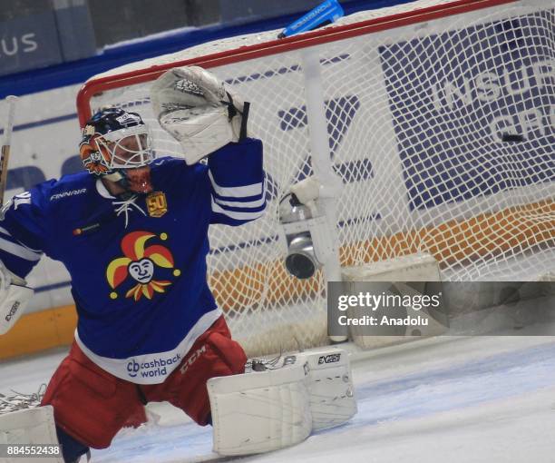 Karri Ramo goaltender of Jokerit Helsinki in action during the KHL Hockey match between Jokerit and SKA at Kaisaniemen park in Helsinki, Finland on...