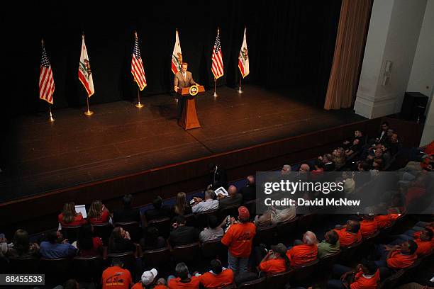 Member of a local carpenters union asks California Gov. Arnold Schwarzenegger as question as the governor speaks on the status of the state budget at...