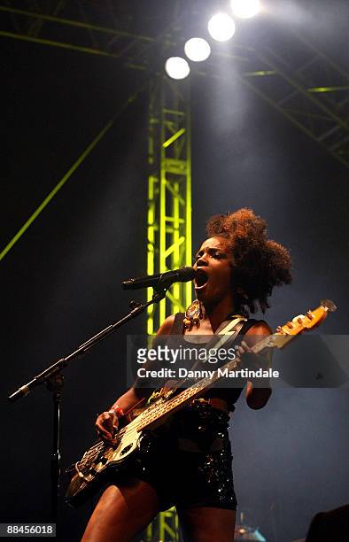 Shingai Shoniwa of Noisettes performs at day one of the Isle of Wight Festival at Seaclose Park on June 12, 2009 in Newport, Isle of Wight.