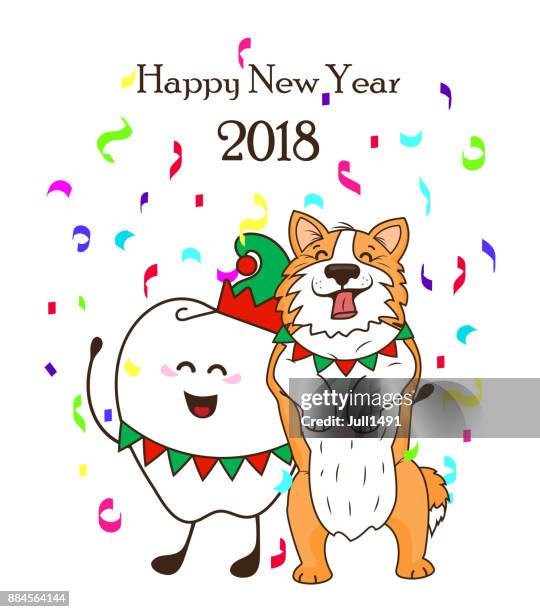 dental poster happy new year 2018. cute characters dog the corgi and the tooth in the elf hat under confetti - cosplay stock illustrations