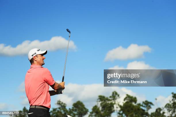 Justin Rose of England plays his shot from the 12th tee during the third round of the Hero World Challenge at Albany, Bahamas on December 2, 2017 in...