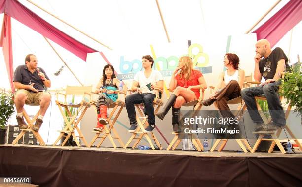 Comedian Janeane Garofalo, musician Matt Vasquez, musician Grace Potter, musician Ani DiFranco and musician Ben Ellman attend Bonnaroo 2009 on June...