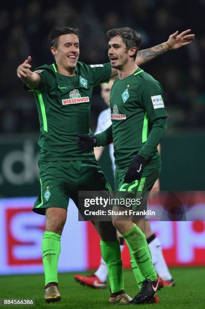 Max Kruse and Fin Bartels of Bremen celebrate during the Bundesliga match between SV Werder Bremen and VfB Stuttgart at Weserstadion on December 2,...