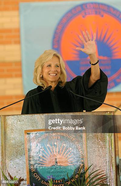 Dr. Jill Biden delivers the commencement speech at Kingsborough Community College on June 12, 2009 in New York City.