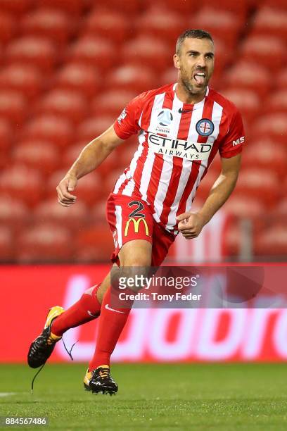 Emmanuel Muscat of Melbourne City celebrates a goal during the round nine A-League match between the Newcastle Jets and Melbourne City at McDonald...