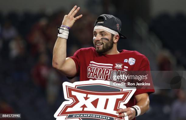 Baker Mayfield of the Oklahoma Sooners celebrates after defeating the TCU Horned Frogs 41-17 in the Big 12 Championship AT&T Stadium on December 2,...