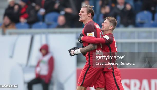 Manuel Schaeffler of Wiesbaden celebrates with Stephan Andrist during the 3. Liga match between SV Wehen Wiesbaden and SC Paderborn 07 at Brita Arena...