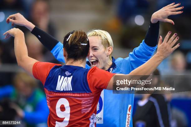 Nora Mork and Katrine Lunde of Norway in action during IHF Women's Handball World Championship group B match between Norway and Hungary on December...