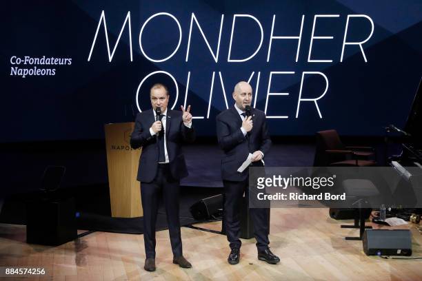 Mondher Abdennadher and Olivier Moulierac speak on stage during the Introductory Session To The 7th Summit Of Les Napoleons at Maison de la Radio on...