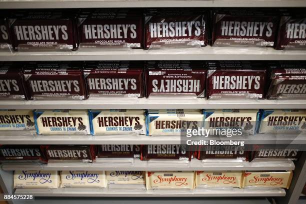 Hershey Co. Candy bars are displayed for sale inside of the company's Chocolate World visitor center in Hershey, Pennsylvania, U.S., on Tuesday, Nov....