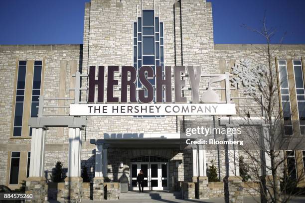 Signage is displayed outside of the Hershey Co. Headquarters in Hershey, Pennsylvania, U.S., on Tuesday, Nov. 28, 2017. Hershey launched its first...