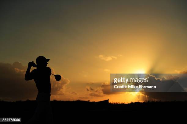 Jordan Spieth of the United States plays his shot from the 18th tee during the third round of the Hero World Challenge at Albany, Bahamas on December...