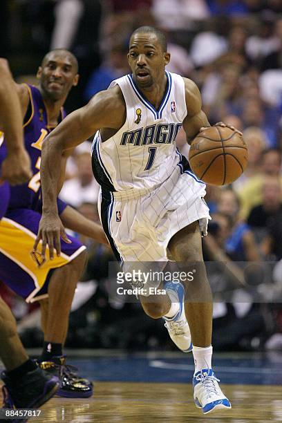 Rafer Alston of the Orlando Magic moves the ball up court in Game Four of the 2009 NBA Finals against the Los Angeles Lakers at Amway Arena on June...