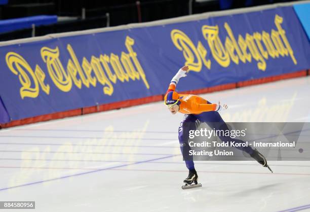 Marrit Leenstra of the Netherlands races to a third place finish in the women's 1000 meter race during the ISU World Cup Speed Skating Championships...