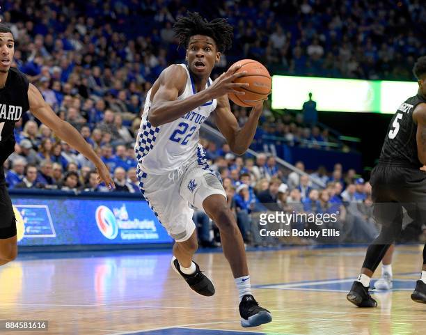 Shai Gilgeous-Alexander of the Kentucky Wildcats drives to the basket during the second half of the game between the Kentucky Wildcats and the...