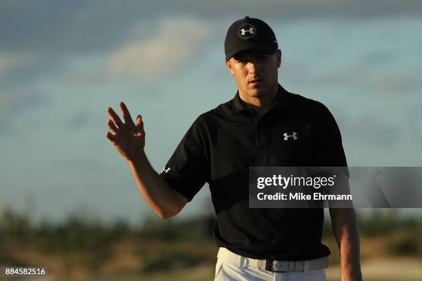 Jordan Spieth of the United States reacts on the 17th green during the third round of the Hero World Challenge at Albany, Bahamas on December 2, 2017...