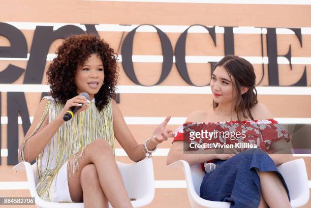 Storm Reid and Rowan Blanchard speak onstage during The Teen Vogue Summit LA: Keynote Conversation with A Wrinkle In Time director Ava Duvernay and...