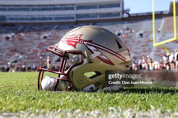 General view of a Florida State Seminoles Helmet on the field before the game against the Louisiana Monroe Warhawks at Doak Campbell Stadium on Bobby...