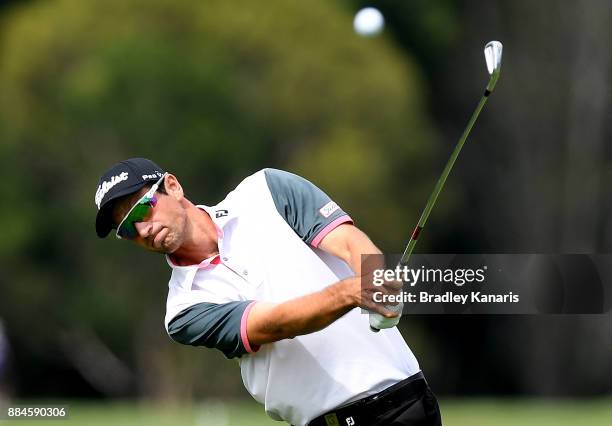 Jordan Zunic of Australia plays a shot on the 2nd hole during day four of the 2017 Australian PGA Championship at Royal Pines Resort on December 3,...