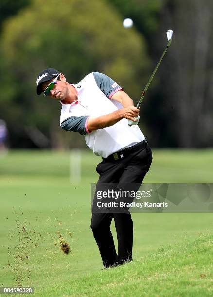 Jordan Zunic of Australia plays a shot on the 2nd hole during day four of the 2017 Australian PGA Championship at Royal Pines Resort on December 3,...