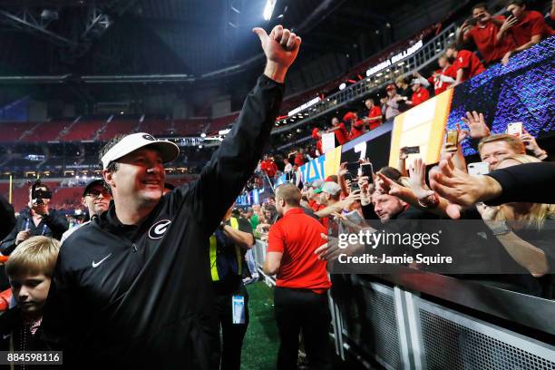 Head coach Kirby Smart of the Georgia Bulldogs celebrates beating Auburn Tigers in the SEC Championship at Mercedes-Benz Stadium on December 2, 2017...