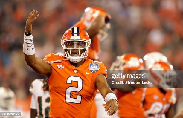 Kelly Bryant of the Clemson Tigers reacts after a touchdown against the Miami Hurricanes in the first quarter during the ACC Football Championship at...