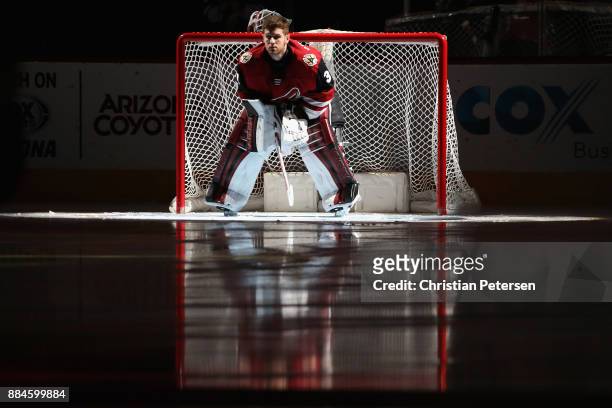 Goaltender Scott Wedgewood of the Arizona Coyotes is introduced to the NHL game against the New Jersey Devils at Gila River Arena on December 2, 2017...