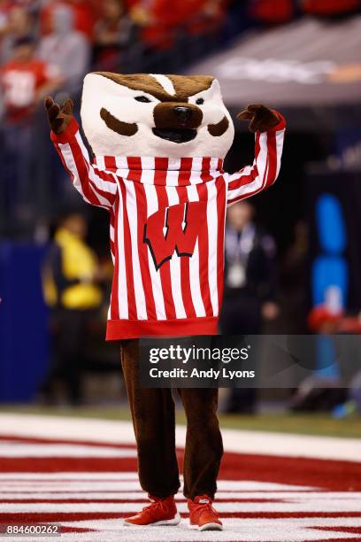 The Wisconsin Badgers mascot, Bucky Badger, cheers against the Ohio State Buckeyes during the Big Ten Championship game at Lucas Oil Stadium on...