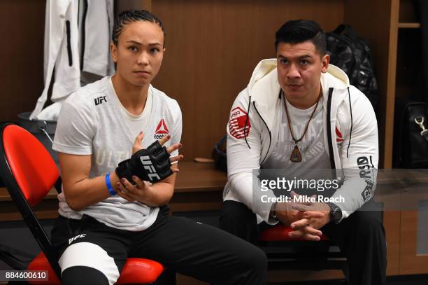 Michelle Waterson waits with her husband Joshua Gomez backstage during the UFC 218 event inside Little Caesars Arena on December 02, 2017 in Detroit,...