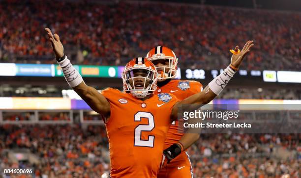 Kelly Bryant of the Clemson Tigers reacts after scoring a touchdown against the Miami Hurricanes in the first quarter during the ACC Football...