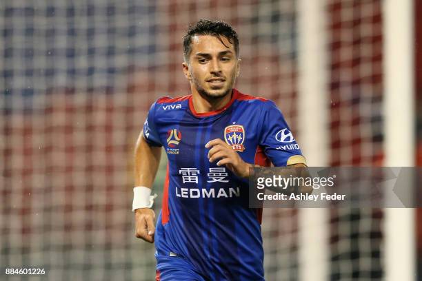 Mario Shabow of the Jets looks on during the round nine A-League match between the Newcastle Jets and Melbourne City at McDonald Jones Stadium on...