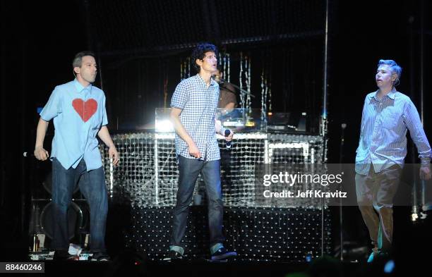 Michael "Mike D" Diamond , Adam "Ad-Rock" Horovitz and Adam "MCA" Yauch of Beastie Boys perform on stage during Bonnaroo 2009 on June 12, 2009 in...