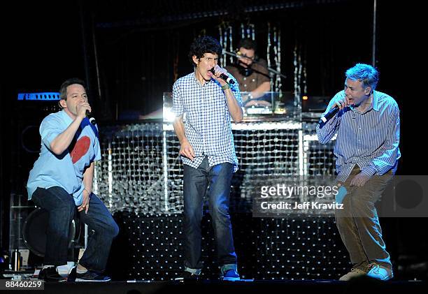 Michael "Mike D" Diamond , Adam "Ad-Rock" Horovitz and Adam "MCA" Yauch of Beastie Boys perform on stage during Bonnaroo 2009 on June 12, 2009 in...