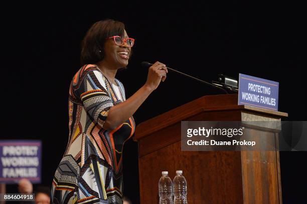 Nina Turner speaks as thousands of people turnout to hear Senator Bernie Sanders and take action against the Republican tax plan that would give huge...