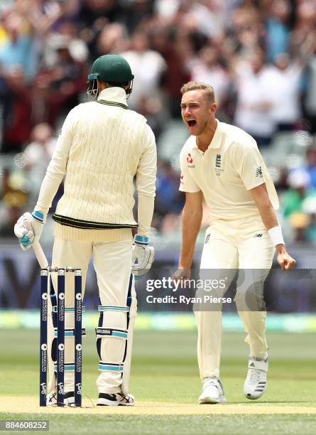 Stuart Broad of England celebrates after taking the wicket of Peter Handscomb of Australia during day two of the Second Test match during the 2017/18...