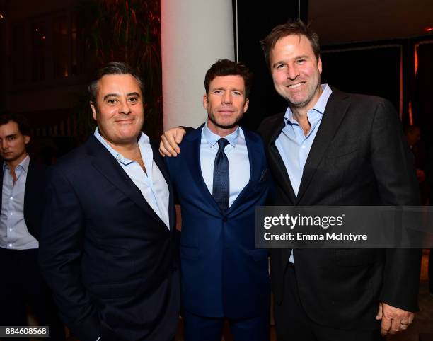 Matthew George, Taylor Sheridan, and Basil Iwanyk attend a cocktail party for "Wind River" at Circa 55 Restaurant on December 2, 2017 in Los Angeles,...