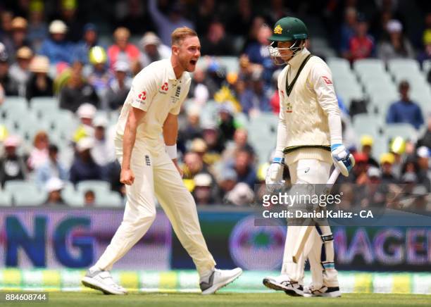 Stuart Broad of England reacts after dismissing Peter Handscomb of Australia during day two of the Second Test match during the 2017/18 Ashes Series...