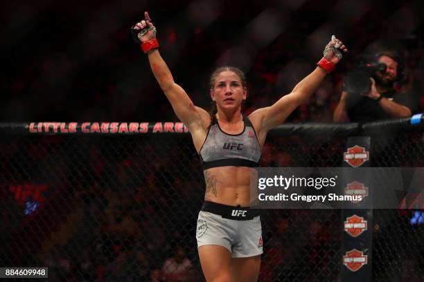 Tecia Torres celebrate her victory over Michelle Waterson during UFC 218 at Little Ceasars Arena on December 2, 2018 in Detroit, Michigan.
