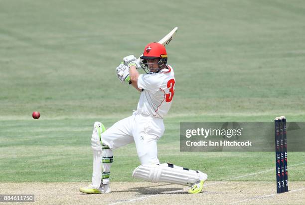 Jake Lehmann of the Redbacks bats during day one of the Sheffield Shield match between Queensland and South Australia at Cazaly's Stadium on December...