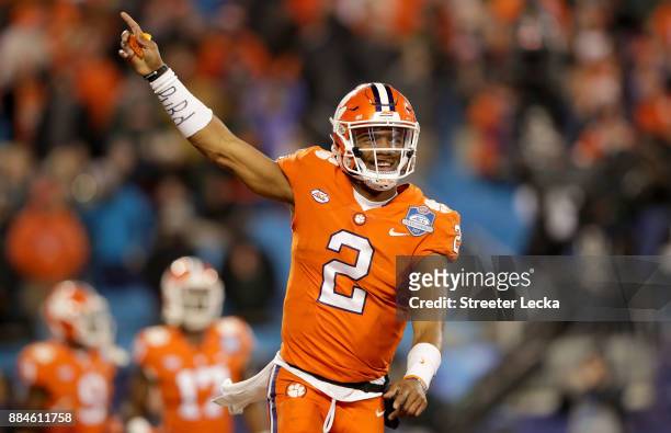 Kelly Bryant of the Clemson Tigers reacts after a touchdown against the Miami Hurricanes in the third quarter during the ACC Football Championship at...